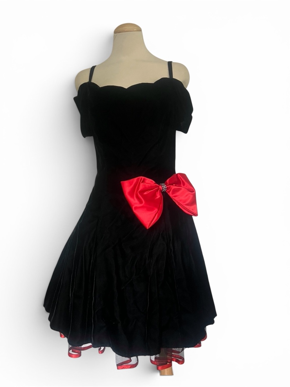 Roberta Bridal Black Prom Dress with Red Bow Accent